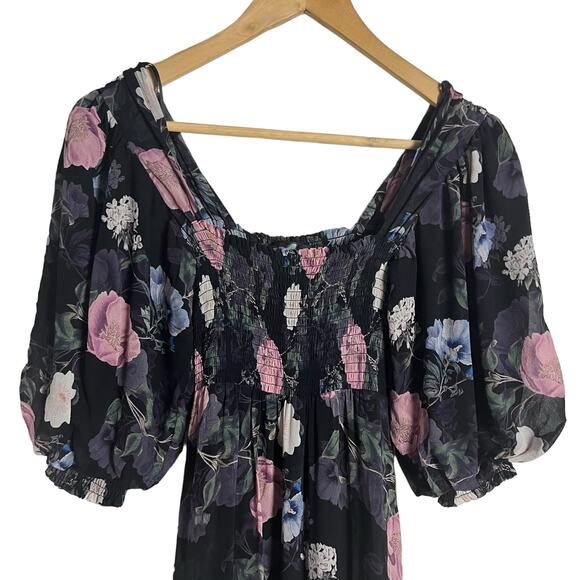 Nicholas Black Floral Silk Square Neck Smocked Maxi Dress Size 0 - Picture 5 of 15